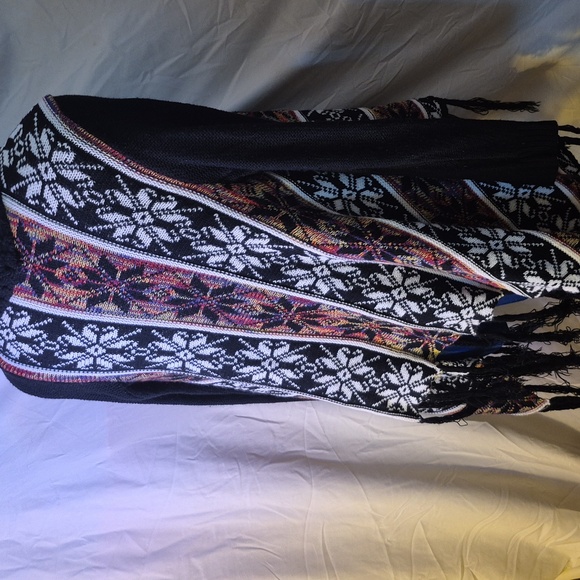 "Intro" Black Cardigan with Colorful Vibrant knit & BlackFringe (#1941) Sz.M. - Picture 4 of 13